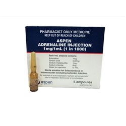 Adrenaline Injection - SC/IM Use - 1:1,000 - 1ml Ampoule - Pack of 5