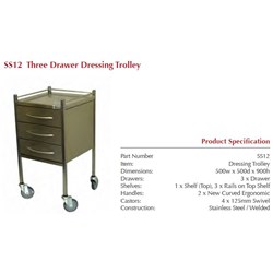 Instrument Trolley - Stainless Steel - 3 Drawer - With Rails - 500mm x 500mm x 900mm - Single