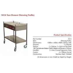 Dressing Trolley - 2 Drawer - 1000 x 500 x 900mm - Stainless Steel - Single