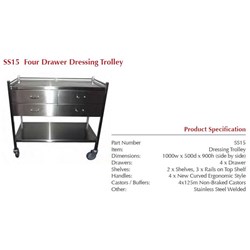 Dress Trolley - Stainless Steel - 4 Drawer - 1000x500x900mm  - Single