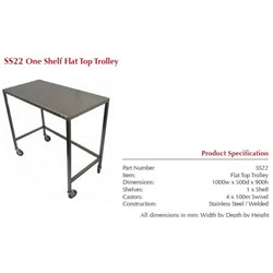 Instrument Trolley - Flat Top  - 1000 x 500 x 900mm - SingleShelf - Single
