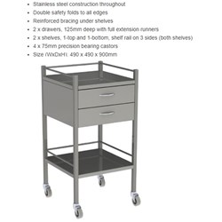 Instrument Trolley - 2 Drawer - With Rail - 490 x 490 x 900mm - Stainless Steel - Single