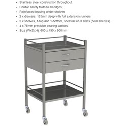 Instrument Trolley - 600x490x900mm - 2-Drawer & Rail - Single
