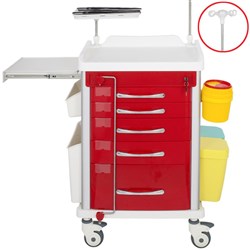 Emergency Trolley - Red - 5 Drawer - Central Lock & Bar Lock & Accessories - Single