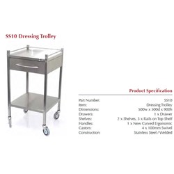 Instrument Trolley - 1 Drawer - 500 x 500 x 900mm - Stainless Steel - Single