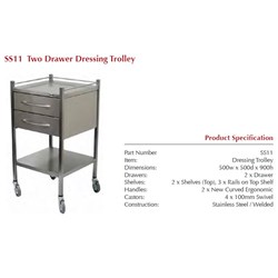 Instrument Trolley - 500x500x900mm - Rails - 2 Drawer - Single